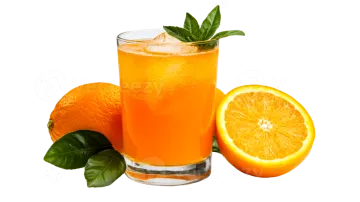 a glass of orange juice next to an orange slice