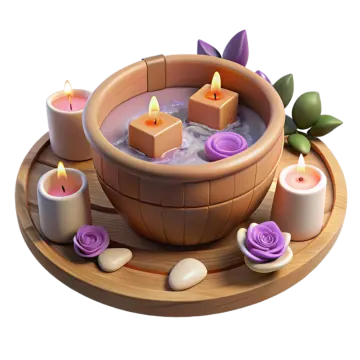 a wooden bowl filled with candles and flowers