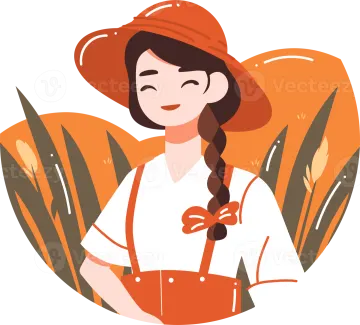 a woman wearing an orange hat and overalls