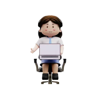a woman sitting in an office chair holding a laptop