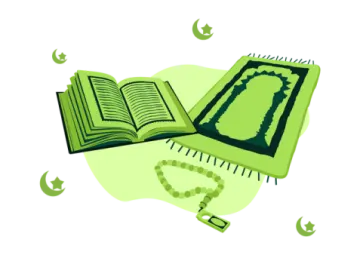 an open quran and rosary on a white background