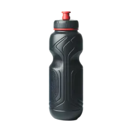 a black water bottle with a red cap