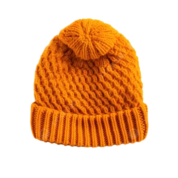 an orange knitted hat with a pom on top