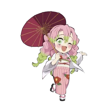 an anime character with pink hair and green eyes holding an umbrella