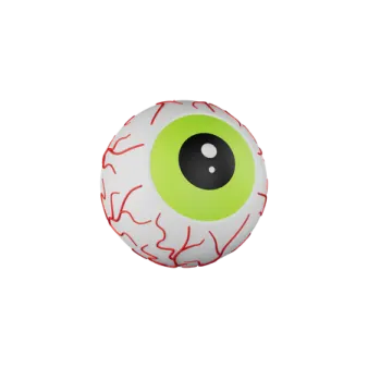 a white ball with green eyes on it