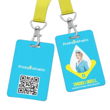 a pair of blue and yellow luggage tags with a qr code