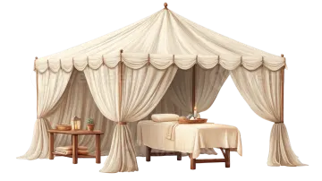 a white tent with curtains and a table