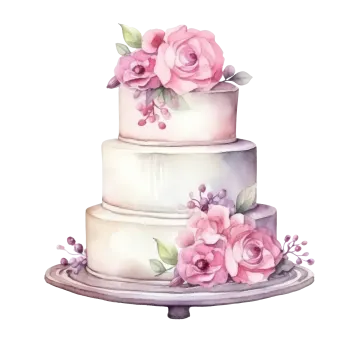 a watercolor painting of a cake with pink flowers