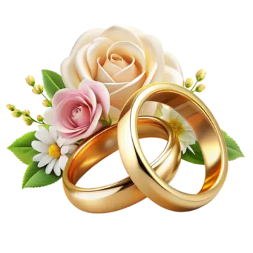 two wedding rings with roses and leaves