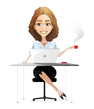 a woman sitting at a desk with her laptop and holding a cup