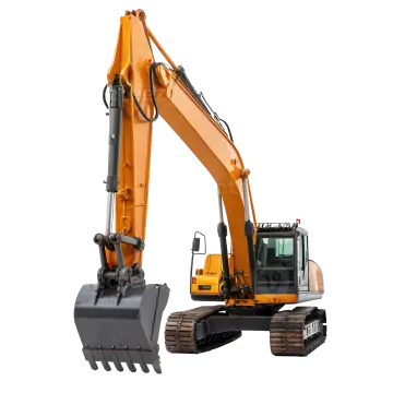 an orange digger truck with a shovel on it