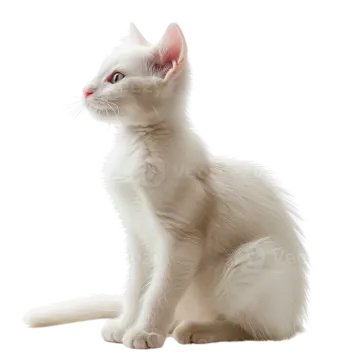 a white cat sitting on the floor looking up