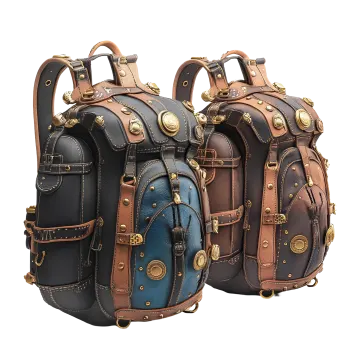 a pair of brown and blue leather backpacks