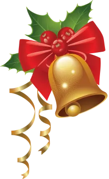 a christmas bell with a red bow and holly leaves
