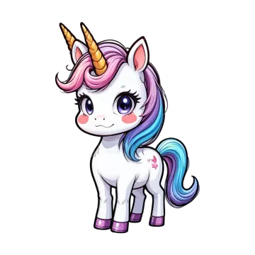 a cute unicorn with pink hair and blue eyes