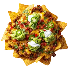 a plate of nachos topped with cheese and salsa sauce