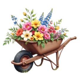 a wheelbar with flowers in it