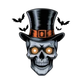 a skull wearing a top hat with bats around it