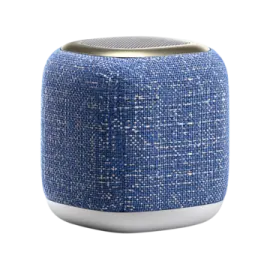 a blue and white speaker on a white background