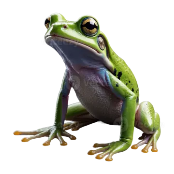 a green frog sitting on top of a white background