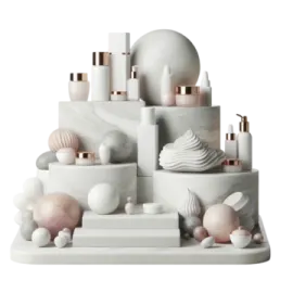 a white cake with marble and copper accents