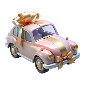 a pink car with a gold bow on top