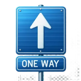 a blue one way sign with an arrow on it