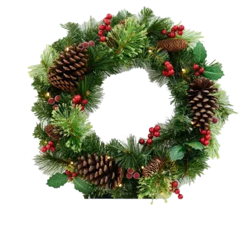 a christmas wreath with pine cones and red berries