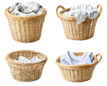 a set of four laundry baskets filled with towels