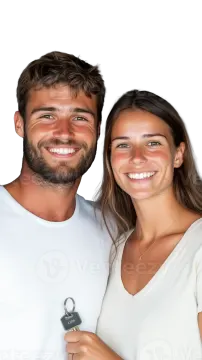 a man and woman holding keys