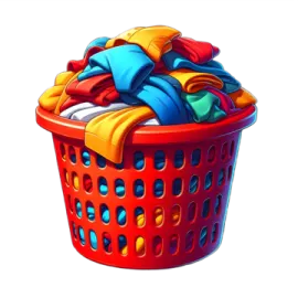 a red laundry basket filled with clothes