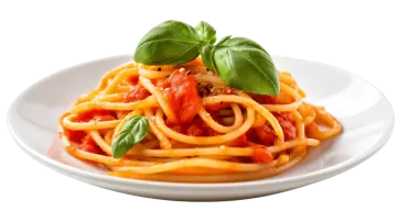 a plate of pasta with tomato sauce and basil