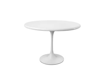 a white table with a round base