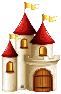 a castle with red roof and two towers