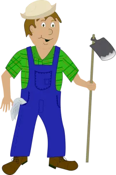 a man in overalls holding a shovel