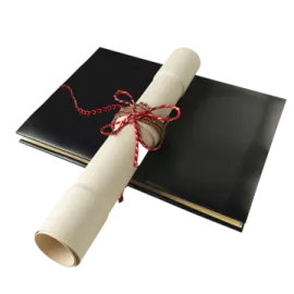 a diploma with a red ribbon tied around it