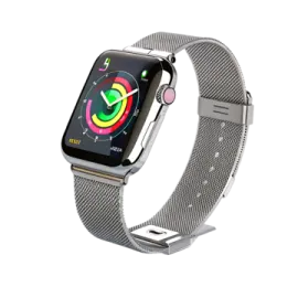 an apple watch with a stainless steel band