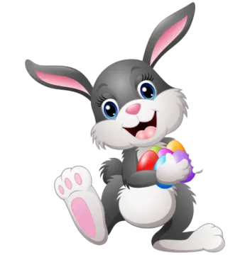 a black and white rabbit holding an easter egg