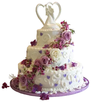a wedding cake with purple and white flowers