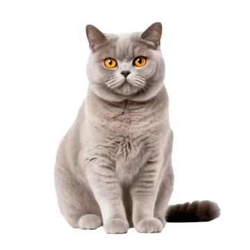 a grey cat with yellow eyes sitting on a white background