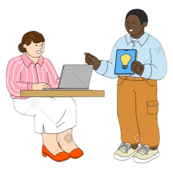 a man and woman sitting at a table using a laptop