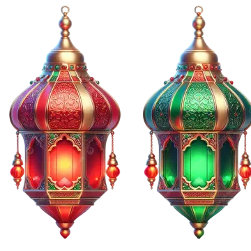 two colorful lanterns hanging on a white background