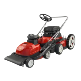 a red lawn mower on a white background