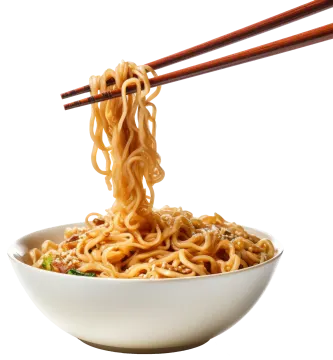 a bowl of noodles with chops