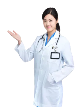 a female doctor in a white coat with a stel