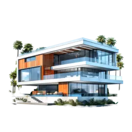 a drawing of a modern house with palm trees