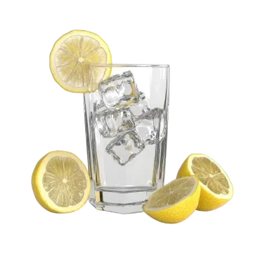 a glass of water with lemons and ice