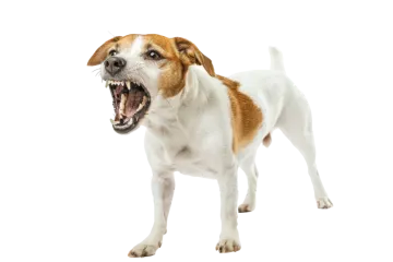 a small brown and white dog with its mouth open