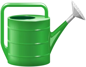 a green watering pot with a shovel in it