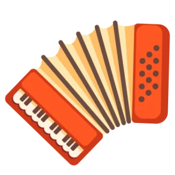 a red accordion with brown and white stripes